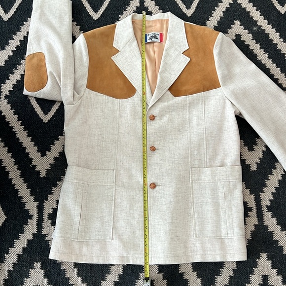 Brad Whitney cream linen and tan suede men’s sport coat blazer  size 44 - Picture 13 of 13